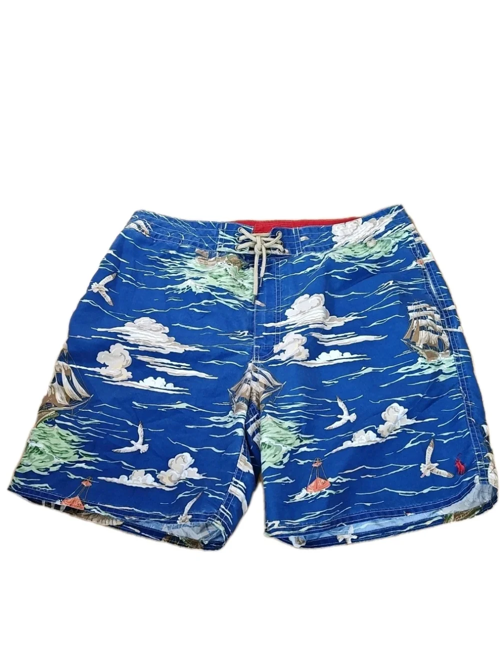 Polo Ralph Lauren Swimwear Resort Boardshorts Men 36/7 Blue Nautical Ships Birds